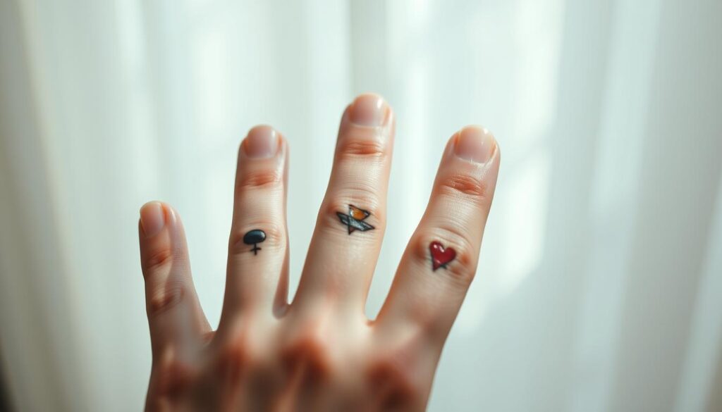 A collection of simple yet striking finger tattoo designs against a softly blurred background. The tattoos are minimalistic, featuring clean lines and geometric shapes in a muted color palette. The lighting is natural and diffused, creating a serene, intimate atmosphere. The angle showcases the intricate details of the tattoos while maintaining a close, personal perspective. The overall mood is one of quiet sophistication and understated elegance, reflecting the power of small, meaningful ink on the skin.
