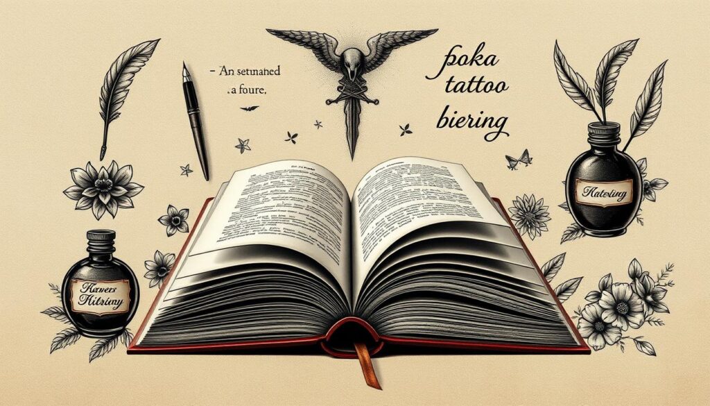 A collection of unique book tattoo designs, featuring intricate illustrations, ornate typography, and symbolic motifs. The foreground depicts a meticulously rendered open book, its pages fluttering, casting soft, diffused lighting across the middle ground. Surrounding the book are various book-themed tattoo elements - quill pens, ink bottles, literary quotes, and delicate florals. The background is a muted, textured canvas, allowing the tattoo designs to take center stage in a harmonious, gallery-like setting. The overall mood is one of reverence for the written word, with a sophisticated, artistic sensibility that would appeal to bibliophiles and tattoo enthusiasts alike.