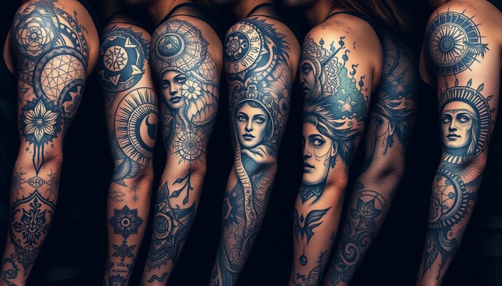 A collection of unique sleeve tattoo designs featuring intricate linework, bold shapes, and a mix of realism and abstract elements. The foreground showcases a variety of tattoo motifs such as mystical symbols, nature-inspired elements, and stylized portraits. The middle ground features the skin texture and contours of the arm, creating a sense of depth and dimension. The background has a moody, atmospheric quality with subtle gradients and lighting effects, emphasizing the artistic and personal nature of the sleeve tattoos. Captured with a high-resolution lens and dramatic, directional lighting to highlight the depth and details of the designs.