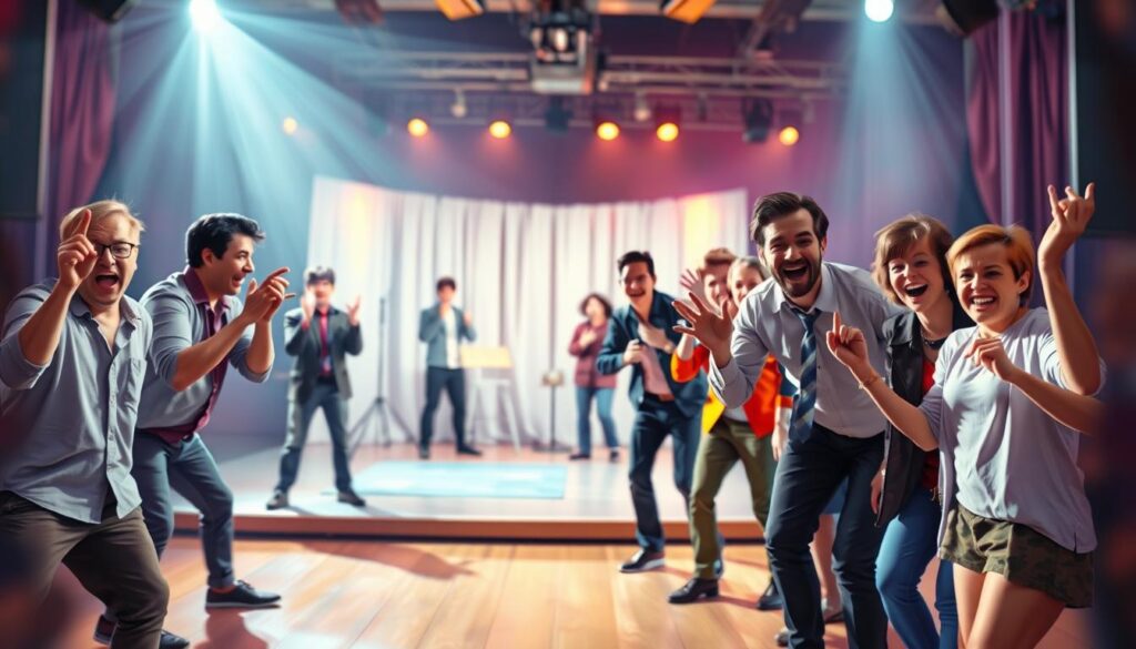 A comical skit is captured in a vibrant digital painting. In the foreground, a group of performers strike exaggerated poses, their expressions filled with mirth and enthusiasm. The middle ground showcases a minimalist stage setting, with simple props and a backdrop hinting at the skit's comedic theme. The background is a blur of dynamic lighting, suggesting a lively performance venue. The overall atmosphere is one of playful energy and spontaneity, inviting the viewer to imagine the hilarious antics unfolding on stage.