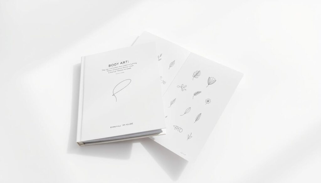 A compact, minimalist body art guide book, resting on a clean, white background. The cover features an elegant line-drawn tattoo design, with a simple title in sleek, modern typography. The pages are crisp and inviting, showcasing small, delicate tattoo sketches in a variety of styles - geometric patterns, floral motifs, and abstract linework. Soft, directional lighting casts subtle shadows, highlighting the tactile quality of the book's materials. The overall mood is one of refined sophistication and understated artistry, reflecting the essence of small, meaningful tattoo designs. A compact, minimalist body art guide book, resting on a clean, white background. The cover features an elegant line-drawn tattoo design, with a simple title in sleek, modern typography. The pages are crisp and inviting, showcasing small, delicate tattoo sketches in a variety of styles - geometric patterns, floral motifs, and abstract linework. Soft, directional lighting casts subtle shadows, highlighting the tactile quality of the book's materials. The overall mood is one of refined sophistication and understated artistry, reflecting the essence of small, meaningful tattoo designs.