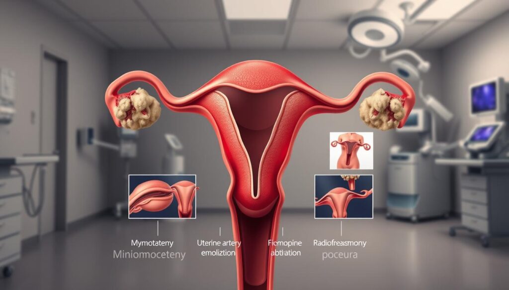 A comprehensive medical illustration showcasing various fibroid treatment options. In the foreground, a detailed, anatomically accurate illustration of a uterus with different types of fibroids. In the middle ground, a series of minimally invasive procedures like myomectomy, uterine artery embolization, and radiofrequency ablation, depicted with precise medical imagery. In the background, a softly lit clinical setting with medical equipment, conveying a sense of authority and professionalism. The overall scene is rendered in a realistic, high-resolution style with a muted color palette, highlighting the gravity and importance of the subject matter.
