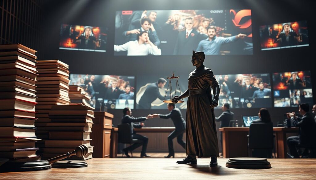 A courtroom scene with towering stacks of legal books, a gavel, and a judge's bench. In the foreground, a figure representing copyright law stands guard, sternly wielding the scales of justice. The middle ground depicts a tug-of-war between individuals seeking free movie access and the law enforcement agents enforcing copyright regulations. The background is a backdrop of movie screens and streaming services, hinting at the digital landscape where this legal battle plays out. Dramatic lighting casts deep shadows, heightening the sense of tension and gravity surrounding the issue of copyright laws for free movie streaming.