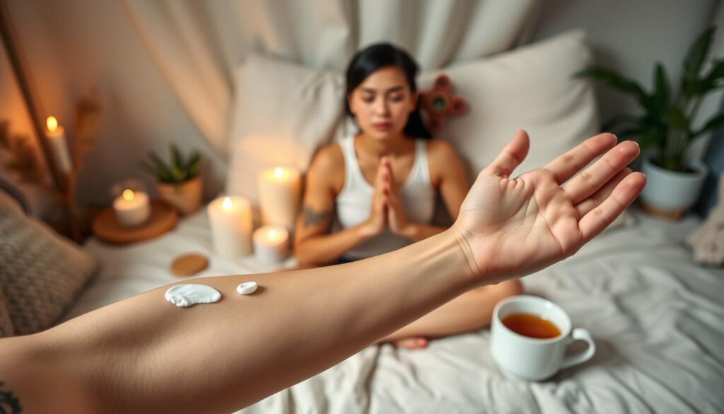 A cozy and calming scene depicting various strategies for a more comfortable tattoo experience. In the foreground, a person's arm is extended, showcasing a soothing numbing cream being applied. In the middle ground, a person is taking deep breaths, practicing mindfulness techniques to manage pain. In the background, various calming objects are visible, such as scented candles, a fidget spinner, and a hot cup of tea, creating a relaxing atmosphere. The lighting is soft and diffused, lending a serene ambiance to the scene. The composition is balanced and inviting, conveying the importance of self-care and preparation for a tattoo session.