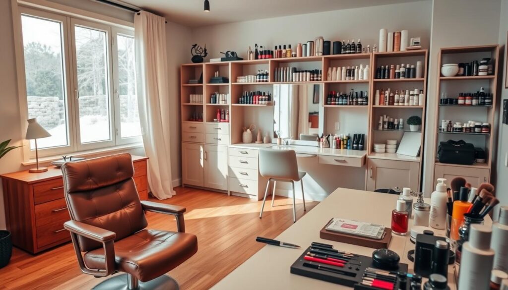 A cozy and organized home salon setup, illuminated by soft, diffused lighting from a large window. In the foreground, a sturdy manicure table with a plush leather chair and an array of nail care tools neatly arranged. The middle ground features a sleek, modern vanity with a large mirror, makeup brushes, and jars of polish in a vibrant color palette. In the background, shelves display an extensive collection of hair and skincare products, creating a sense of professionalism and expertise. The room has a relaxing, spa-like ambiance, with warm-toned hardwood floors and a neutral color scheme that exudes sophistication.