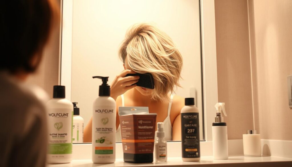 A cozy bathroom setting with a well-lit vanity, showcasing the maintenance essentials for a fluffy wolf cut hairstyle. In the foreground, various hair care products are neatly arranged, including a sulfate-free shampoo, a moisturizing conditioner, and a texturizing hair spray. The middle ground features a person gently brushing their voluminous, layered wolf cut hair, capturing the soft, wispy texture. The background is a soothing, neutral-toned wall, creating a calming atmosphere. The lighting is warm and flattering, accentuating the healthy shine and movement of the hairstyle. An overall sense of effortless, low-maintenance haircare for the coveted wolf cut aesthetic.