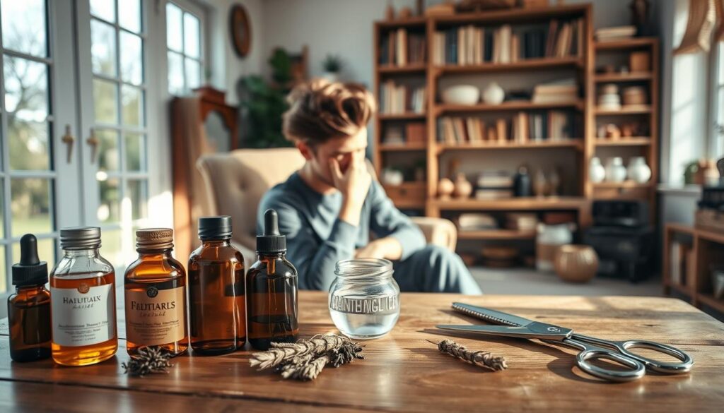 A cozy home interior with natural lighting streaming through large windows, showcasing various natural remedies for a bad haircut. In the foreground, a wooden table displays a selection of essential oils, herbs, and a pair of sharp haircutting scissors. In the middle ground, a person sits on a comfortable armchair, examining a lock of their uneven hair, contemplating their next move. The background features shelves filled with books and jars of homemade concoctions, hinting at the wealth of knowledge and solutions available for dealing with an unwanted haircut. The overall atmosphere conveys a sense of calm, resourcefulness, and the potential to remedy the situation through natural, homemade means.