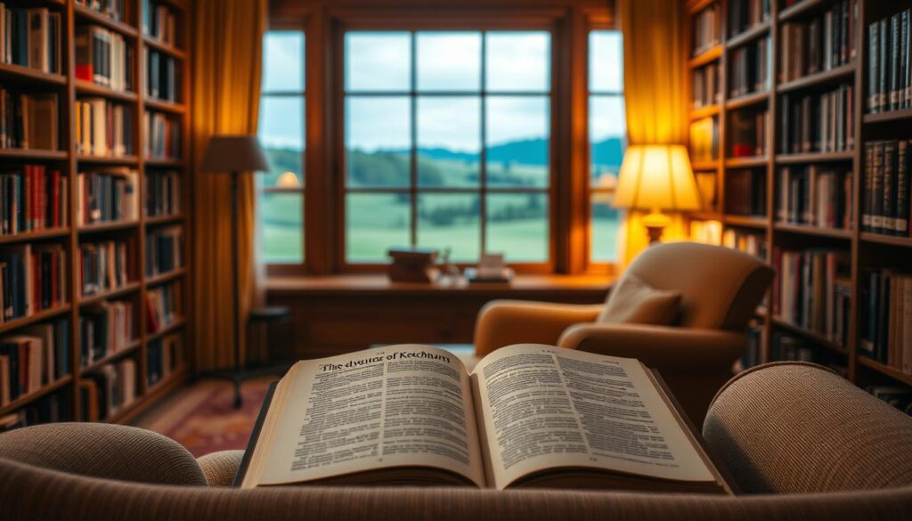 A cozy library setting, with bookshelves lining the walls and a comfortable armchair in the foreground. Soft, warm lighting illuminates the scene, casting a inviting glow. In the middle ground, a book titled "The Adventures of Ketchum" lies open, its pages inviting the viewer to dive into the literary world. The background features a large window, offering a glimpse of a serene, pastoral landscape outside, suggesting a tranquil, contemplative atmosphere. The overall mood is one of intellectual curiosity and literary exploration, perfectly capturing the "Cultural References to Ketchum" section of the article.