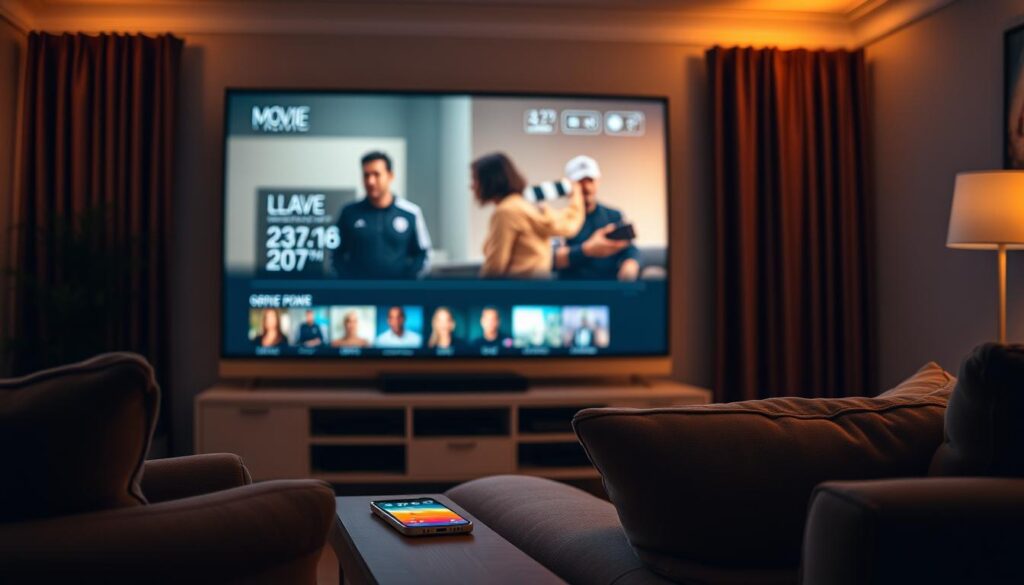 A cozy living room with a large, high-definition television screen displaying a movie player interface. The room is softly lit by warm, ambient lighting, with a plush sofa and armchair positioned in front of the TV. On a wooden side table, a modern smartphone is placed, suggesting the ability to seamlessly stream content. The overall atmosphere is inviting and relaxed, creating an ideal setting for an immersive, distraction-free movie-watching experience.