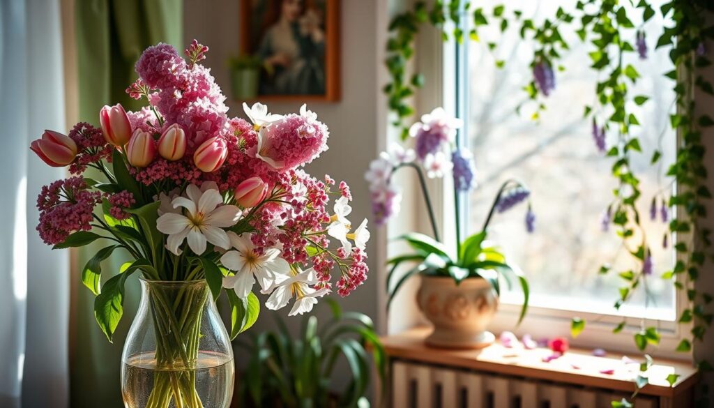 A cozy springtime vignette, filled with lush greenery and a vibrant array of seasonal flowers. In the foreground, a delicate glass vase filled with fresh tulips, lilacs, and cherry blossoms, bathed in soft, natural light filtering through sheer curtains. In the middle ground, a wooden side table adorned with a potted orchid and a vintage-inspired ceramic planter overflowing with fragrant hyacinths. The background features a tranquil scene of a sun-dappled windowsill, adorned with trailing ivy and a scatter of petals. The overall atmosphere is one of warmth, renewal, and a gentle celebration of the season.