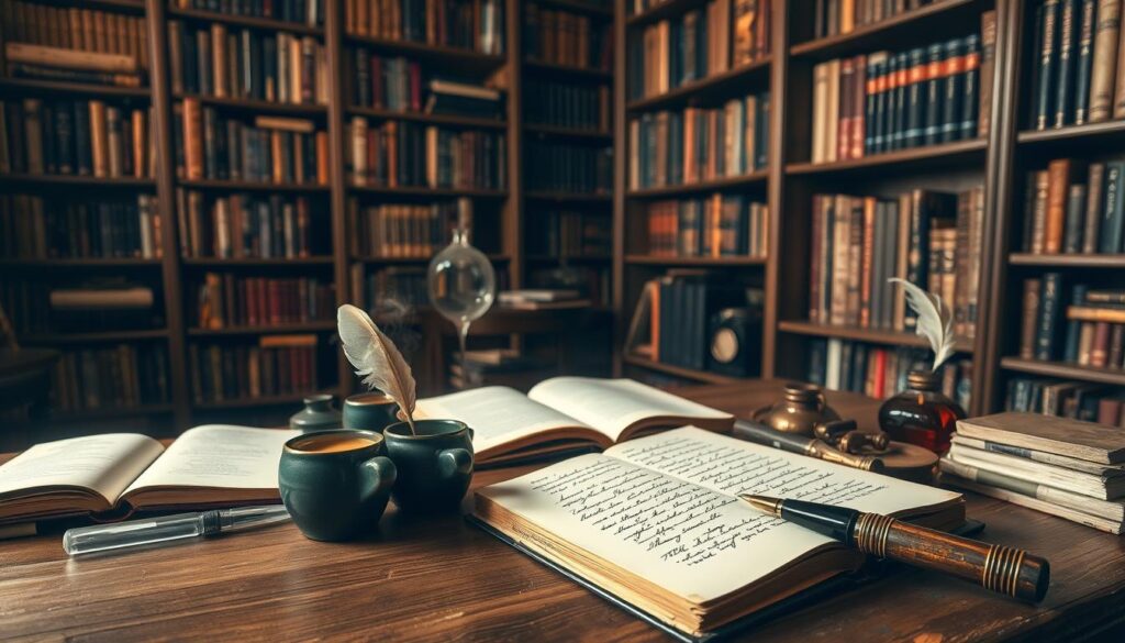 A cozy study with wooden shelves lining the walls, filled with an assortment of classic literature, poetry collections, and vintage-inspired notebooks. In the foreground, a hand-lettered journal lies open, surrounded by an arrangement of quill pens, ink bottles, and a cup of steaming tea. Soft, warm lighting casts a gentle glow, creating an atmosphere of contemplation and creativity. The overall scene evokes a sense of literary inspiration and the thoughtful curation of meaningful words, hinting at the rich sources of wisdom and expression that could serve as the foundation for a profound personal tattoo.