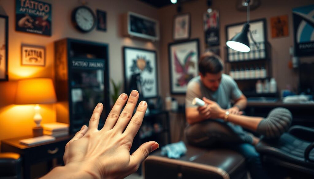 A cozy tattoo studio with warm, soft lighting. In the foreground, a calming hand massage demonstrates a soothing technique for managing tattoo discomfort. In the middle ground, a tattoo artist gently applies numbing cream to a client's skin, ensuring a more comfortable experience. The background features a display of tattoo aftercare products and a serene ambiance, conveying a sense of trust and expertise. The scene evokes a tranquil, professional environment where the focus is on the client's well-being and a positive tattoo journey.