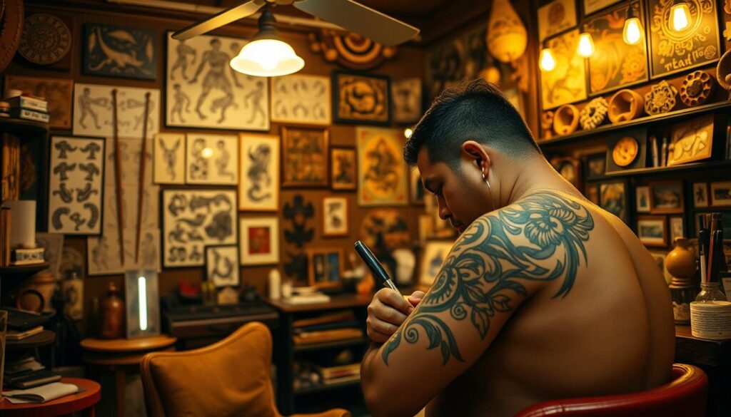 A cozy traditional Hawaiian tattoo studio, with warm lighting casting a golden glow over the space. In the foreground, a skilled artist meticulously inks a vibrant tribal design onto the client's skin, their concentration evident. In the middle ground, an array of hand-drawn flash art adorns the walls, showcasing the studio's unique, authentic Hawaiian style. In the background, various cultural artifacts and indigenous decor create an immersive, culturally-rich atmosphere, transporting the viewer to the heart of Hawaiian tattooing traditions. The scene exudes a sense of reverence, tradition, and the deep personal connection between the artist and the client.