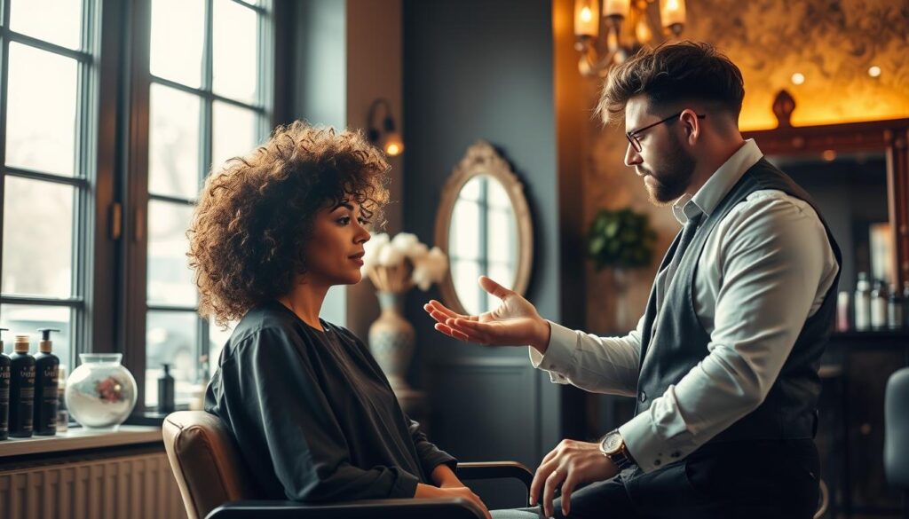 A cozy, well-lit hair salon interior, with a stylish hairstylist consulting a client about achieving the perfect wolf cut for their curly locks. The client is seated comfortably, discussing styling techniques and options with the hairstylist, who gestures animatedly while examining the client's hair. Soft, warm lighting filters through large windows, casting a flattering glow. In the background, elegant decor and hair care products suggest a high-end, professional setting. The overall atmosphere is one of knowledgeable guidance and collaboration, setting the stage for the step-by-step wolf cut transformation.