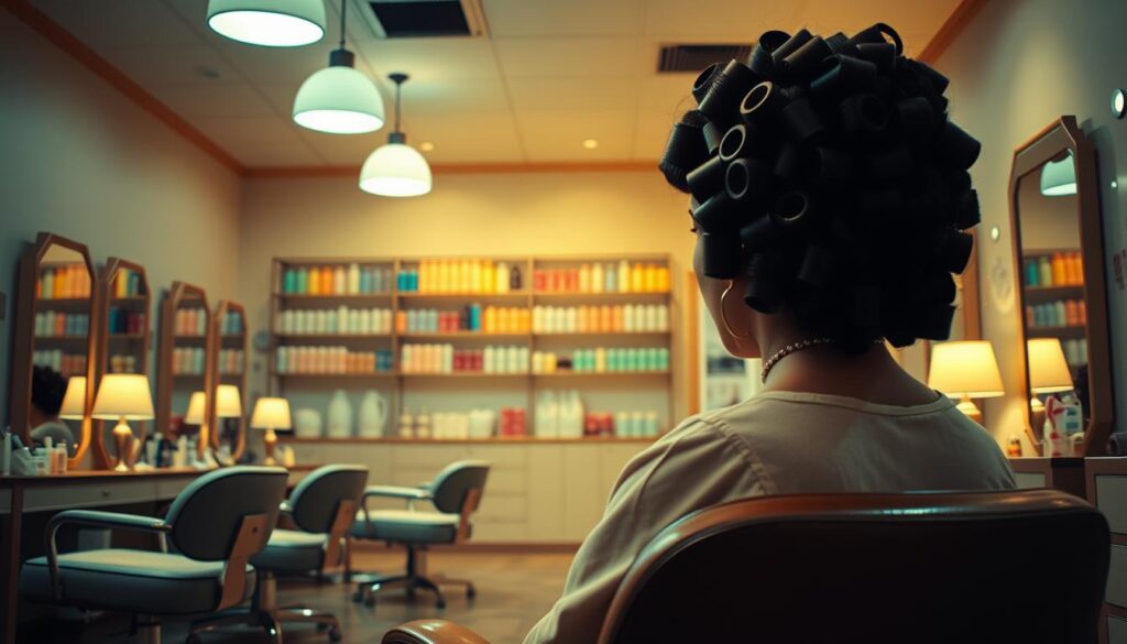 A cozy, well-lit perm hair salon with a vintage aesthetic. In the foreground, a client sits in a classic swivel chair, their hair wrapped in large rollers. The middle ground features a row of styling stations with retro-inspired mirrors and vanity lamps. The background showcases a wall of shelves displaying an array of hair care products in pastel hues. Warm, soft lighting creates a relaxing ambiance, and the overall scene evokes a sense of timeless beauty and pampering. A cozy, well-lit perm hair salon with a vintage aesthetic. In the foreground, a client sits in a classic swivel chair, their hair wrapped in large rollers. The middle ground features a row of styling stations with retro-inspired mirrors and vanity lamps. The background showcases a wall of shelves displaying an array of hair care products in pastel hues. Warm, soft lighting creates a relaxing ambiance, and the overall scene evokes a sense of timeless beauty and pampering.