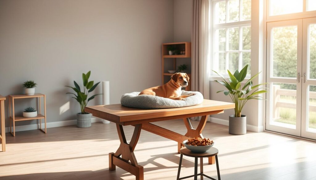 A cozy, well-lit veterinary clinic examination room. Soft, natural sunlight filters through large windows, casting a warm glow. A sturdy, wooden examination table stands in the center, with a plush, gray dog bed on top. Calming, neutral-toned walls and a few potted plants create a soothing, spa-like atmosphere. A set of professional dog nail clippers and a bowl of dog treats are neatly arranged on a small side table. The room exudes a sense of tranquility and safety, providing an ideal environment for a stress-free dog nail trimming session.