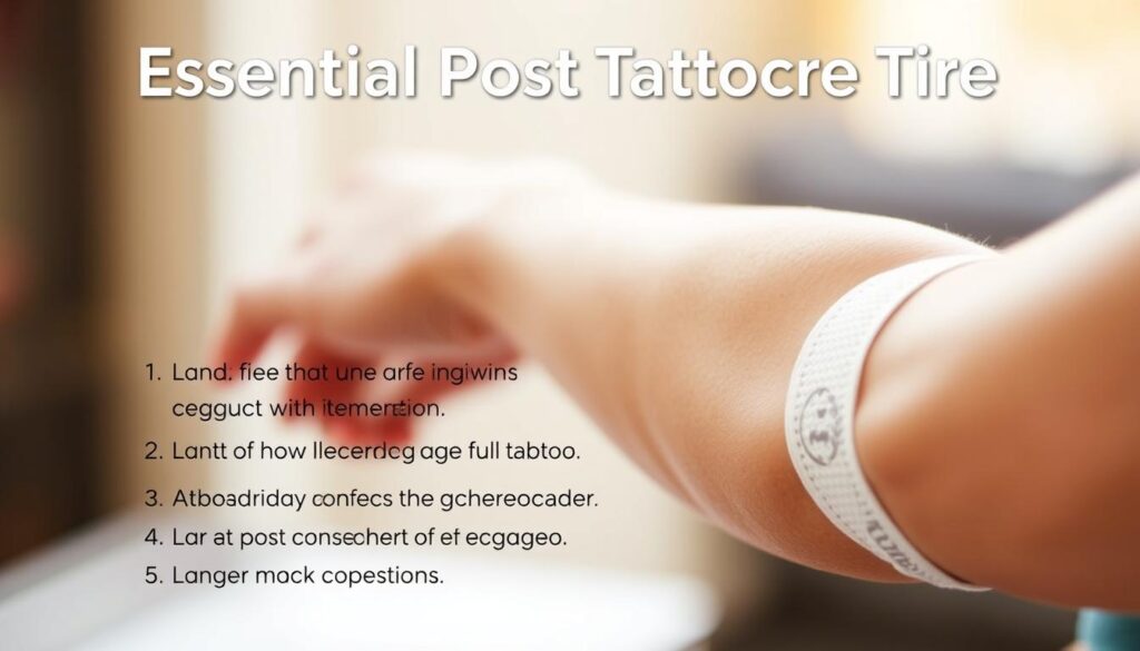 A crisp, clean-looking instructional poster showcasing essential post-tattoo care tips. The layout features a prominent central image of a bandaged arm against a softly blurred background. The lighting is warm and natural, with a slight vignette effect to draw the eye inward. In the foreground, key points are displayed in a minimalist, typographic style using a neutral, easy-to-read font. The overall design is professional, informative, and visually appealing, creating a sense of trust and authority around the subject matter.