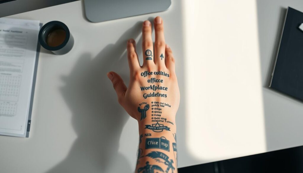 A crisp, well-lit hand occupies the center of the frame, showcasing bold, intricate tattoos depicting office policies and workplace guidelines. The hand rests on a clean, minimalist desk, surrounded by a neutral, professional environment with muted colors and clean lines. Soft shadows and subtle highlights accentuate the details of the tattoos, which include symbols, text, and graphic elements conveying the policies and expectations of a corporate setting. The overall mood is one of thoughtful consideration, as the image invites the viewer to ponder the intersection of personal expression and professional standards.