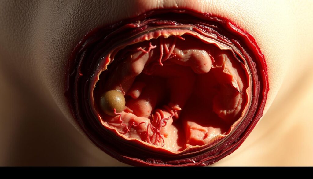 A cross-section of a human navel, magnified to reveal the intricate layers of skin, subcutaneous tissue, and developing bacterial infection. The skin appears reddened and inflamed, with pus-filled pockets forming beneath the surface. The underlying fascia and muscle fibers are visible, highlighting the depth of the infection's progression. Dramatic backlighting casts dramatic shadows, creating a sense of urgency and unease. The overall scene is captured with a sharp, high-resolution lens, allowing for meticulous detail and a visceral, almost scientific visualization of the infection's development.
