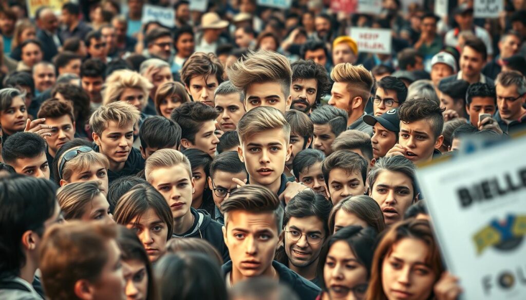 A crowd of diverse individuals, their expressions ranging from excitement to confusion, gathers around a larger-than-life depiction of Justin Bieber's ever-evolving hairstyles. The foreground showcases a mosaic of close-up portraits, capturing the nuanced reactions of fans - some awestruck, others perplexed, as they scrutinize each iconic look. In the middle ground, a dynamic display of Bieber's most memorable hairstyles, from the classic swept-back quiff to the bold shaved sides, creates a visual timeline of his transformative journey. The background scene reflects the public's captivation, with social media feeds, news headlines, and a kaleidoscope of opinions swirling around the central focus. Cinematic lighting and a depth of field that blurs the edges create a sense of immersion, inviting the viewer to become part of the ongoing conversation surrounding Justin Bieber's hair. A crowd of diverse individuals, their expressions ranging from excitement to confusion, gathers around a larger-than-life depiction of Justin Bieber's ever-evolving hairstyles. The foreground showcases a mosaic of close-up portraits, capturing the nuanced reactions of fans - some awestruck, others perplexed, as they scrutinize each iconic look. In the middle ground, a dynamic display of Bieber's most memorable hairstyles, from the classic swept-back quiff to the bold shaved sides, creates a visual timeline of his transformative journey. The background scene reflects the public's captivation, with social media feeds, news headlines, and a kaleidoscope of opinions swirling around the central focus. Cinematic lighting and a depth of field that blurs the edges create a sense of immersion, inviting the viewer to become part of the ongoing conversation surrounding Justin Bieber's hair.