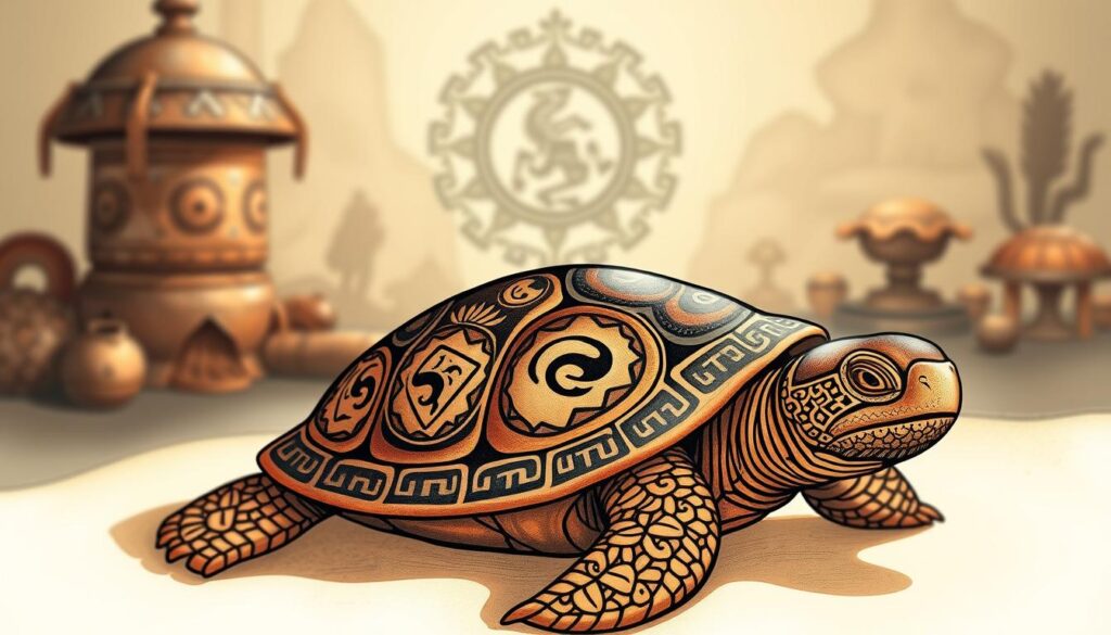 A culturally significant turtle tattoo design, depicted in a thoughtful, intricate illustration. In the foreground, the turtle's shell features intricate tribal patterns and symbolic elements, reflecting the diverse cultural traditions it represents. The turtle's head emerges from the shell, its wise, contemplative gaze conveying the deep spiritual significance of this design. In the middle ground, a subtle, muted background showcases the cultural context, with hints of ancient artifacts, natural landscapes, or sacred motifs. Soft, warm lighting illuminates the scene, evoking a sense of timelessness and reverence. The overall composition strikes a balance between the tactile, detailed tattoo design and the broader cultural resonance it embodies.