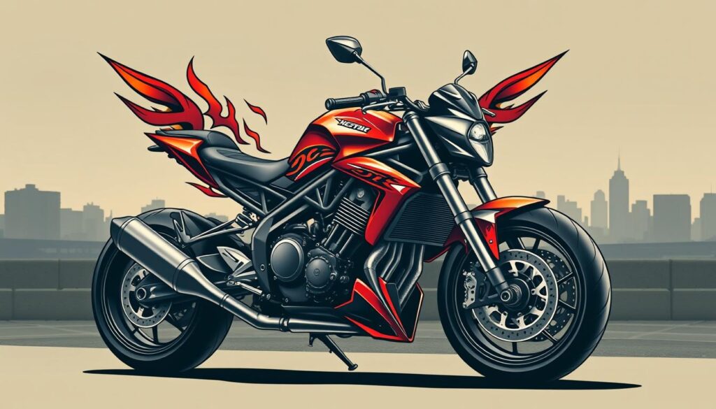 A custom motorcycle tattoo design depicting a sleek, high-performance bike with intricate mechanical details and a bold, eye-catching color scheme. The design features sharp angles, sleek lines, and a sense of motion, reflecting the power and speed of a motorcycle. In the foreground, the bike's engine and chassis are prominently displayed, showcasing the craftsmanship and precision engineering. The middle ground features dynamic flourishes, such as flames, gears, or tribal patterns, adding depth and visual interest. The background is a moody, atmospheric setting, with a minimalist cityscape or industrial landscape providing a suitable backdrop. The overall composition conveys a sense of raw, unbridled energy and a passion for the open road.