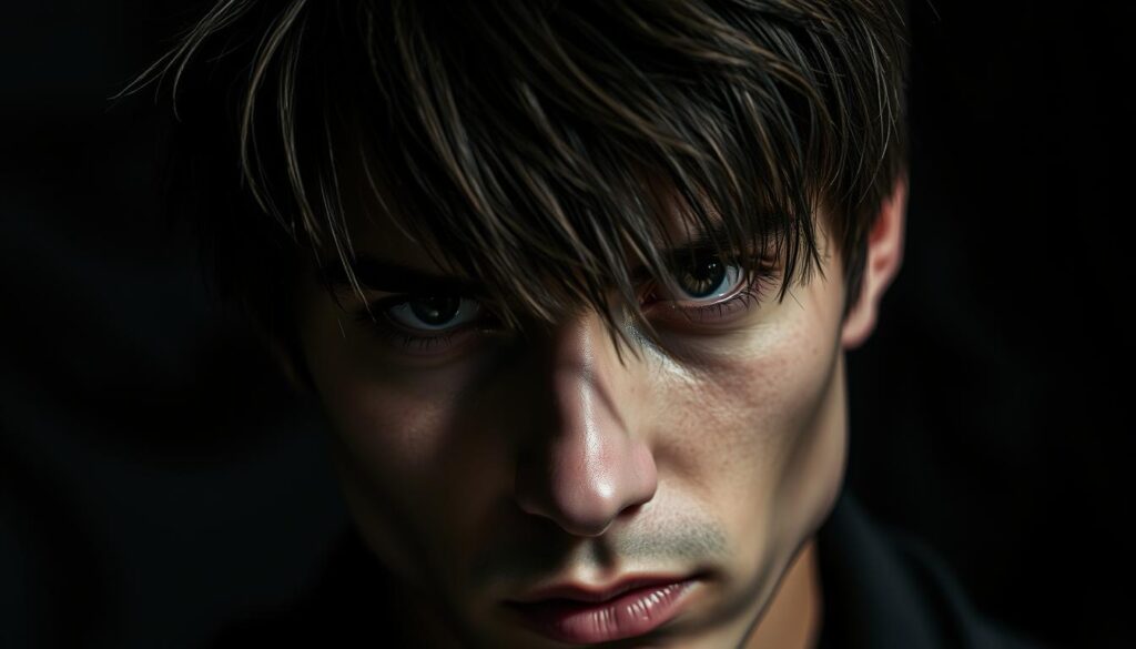 A dark and moody close-up portrait of a person with a modern wolf cut hairstyle, featuring shaggy, textured layers and voluminous, feathered bangs. The subject's gaze is intense and brooding, conveying the edgy, rebellious spirit of the wolf cut trend. The lighting is dramatic, with high contrast shadows across the face, emphasizing the strong facial features. The background is blurred and indistinct, keeping the focus on the captivating hairstyle. The image has a cinematic, editorial-style quality, hinting at the wolf cut's origins in popular culture and fashion.