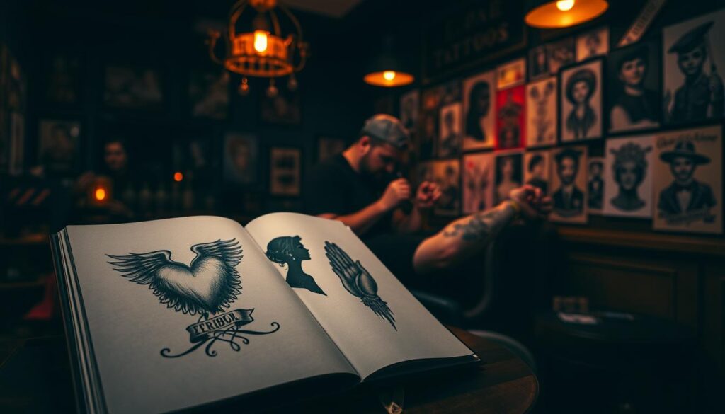 A dark and moody tattoo parlor interior, dimly lit with a warm amber glow. In the foreground, an open tattoo portfolio showcases intricate black and gray tribute tattoo designs - a winged heart, a portrait silhouette, and a pair of clasped hands. In the middle ground, a tattooist carefully inks a detailed memorial piece on a client's arm, capturing the sense of honor and remembrance. The background features vintage tattoo flash art lining the walls, conveying the timeless tradition of commemorative body art. The overall atmosphere evokes a reverent, solemn mood befitting a meaningful tribute tattoo.