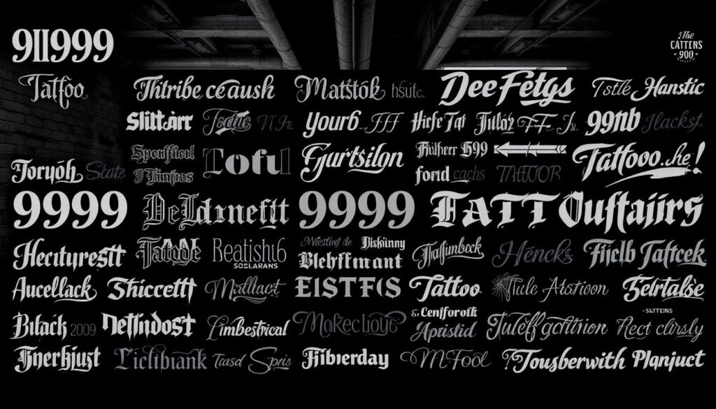 A dark, grungy, industrial-style collage showcasing 999 distinct tattoo font variations and styles. The foreground features a tight grid of diverse typography treatments, ranging from gothic and blackletter to modern minimalist and script-inspired designs, all in a monochromatic black-and-white palette. The middle ground depicts distressed concrete walls, exposed pipes, and a moody, neon-tinged atmosphere, creating a raw, edgy ambiance. In the background, subtle textures and patterns emerge, adding depth and visual interest to the overall composition. Dramatic chiaroscuro lighting casts dramatic shadows, heightening the gritty, tattoo-inspired aesthetic. The entire scene conveys the symbolic power and versatility of the 999 tattoo motif.