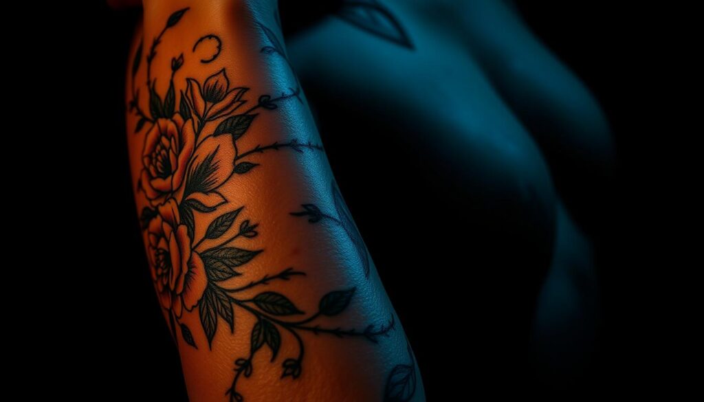 A dark, moody, and alluring close-up of a female model's arm, adorned with a series of striking floral baddie tattoos. The intricate designs feature bold, colorful blooms such as peonies, chrysanthemums, and nightshade, with thorny vines twisting and curling around the skin. The lighting is dramatic, casting dramatic shadows and highlights that accentuate the tattoos' depth and texture. The model's hand is partially clenched, lending an air of power and defiance to the scene. The overall atmosphere is one of edgy elegance, where delicate florals meet a fierce, unapologetic spirit.