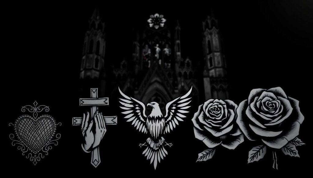 A dark, moody black and white composition showcasing a collection of American traditional tattoo designs with a focus on religious and spiritual imagery. In the foreground, intricate line work depicts a sacred heart, a cross, and a pair of praying hands. The middle ground features a bold eagle and a traditional rose. In the background, a looming gothic cathedral with stained glass windows sets the somber, reverent tone. Dramatic shadows and high-contrast lighting evoke the timeless quality of these iconic tattoo motifs. Shot with a vintage camera lens to capture the authentic grit and texture of this enduring American art form.