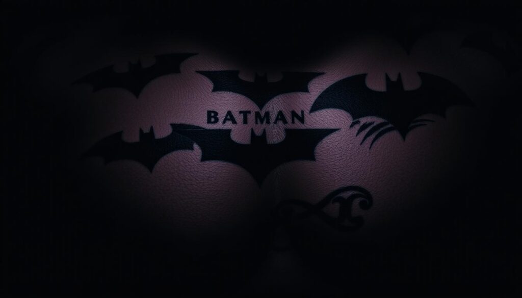 A dark, moody close-up of various stylized Batman logo tattoo designs on a muscular, textured skin surface. The logos are depicted in a range of artistic interpretations, from minimalist line work to intricate, ornate patterns. The lighting is dramatic, with deep shadows and highlights that accentuate the contours of the skin and the bold tattoo linework. The overall composition creates a sense of edgy, Gothic aesthetics befitting the iconic Batman character.