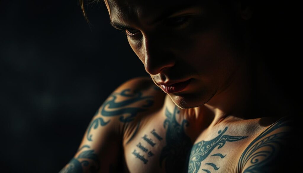 A dark, moody close-up portrait of a pensive, introspective person, their face partially obscured by the shadows. The subject's skin is marked with intricate, meaningful tattoos that cover their arms and torso, each one a symbolic representation of their personal journey, emotions, and psychological experiences. Dramatic chiaroscuro lighting illuminates the tattoos, highlighting their depth and complexity. The background is hazy and indistinct, focusing the viewer's attention solely on the subject and their tattoos as a window into their inner world.