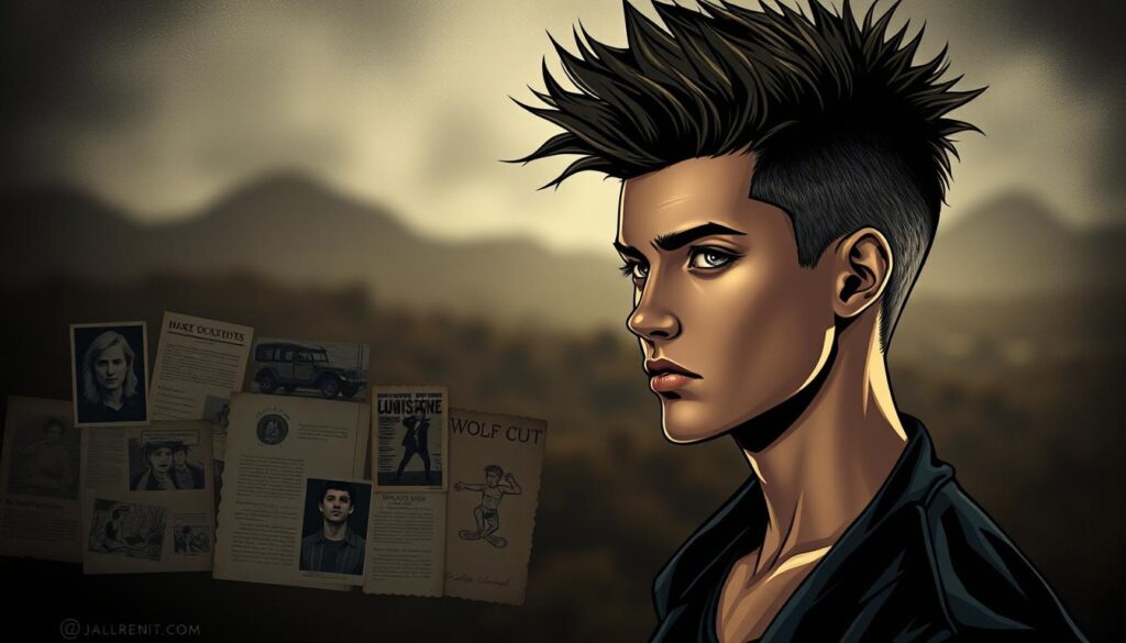 A dark, moody illustration showcasing the origins of the wolf cut trend. In the foreground, a stylized portrait of a young, androgynous model with a voluminous, messy wolf cut hairstyle, lit dramatically from the side. In the middle ground, a collage of vintage-inspired imagery - old photographs, magazine clippings, and hand-drawn sketches - depicting the evolution of the wolf cut from its punk rock and heavy metal roots. In the blurred background, a hazy, atmospheric landscape that evokes the gritty, rebellious spirit of the style's inception. Cinematic lighting and a muted, earthy color palette contribute to the retro, nostalgic feel.