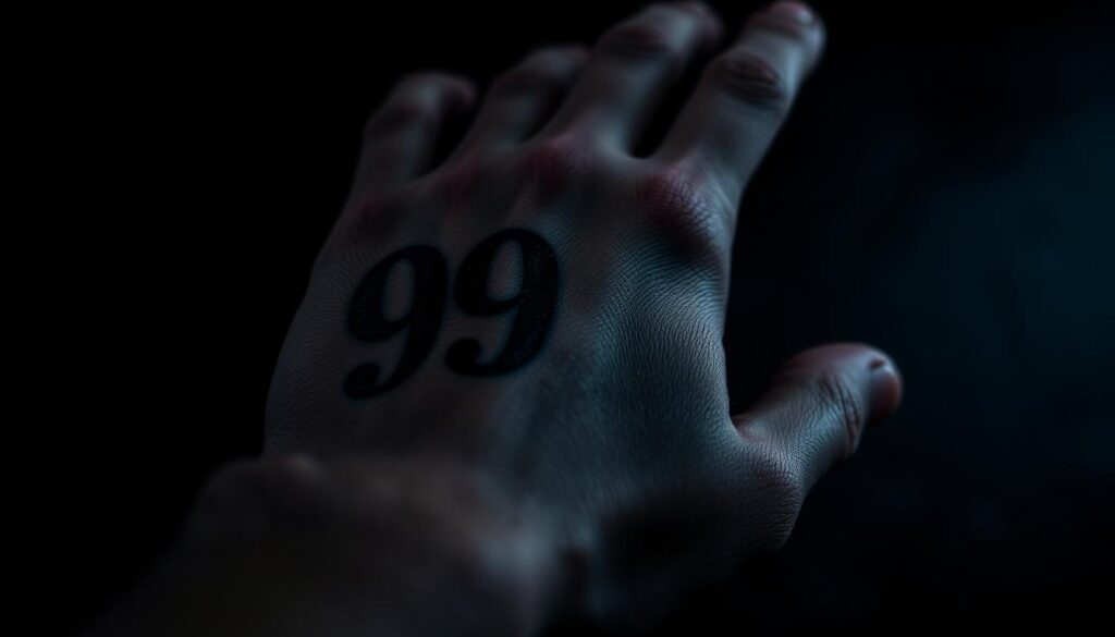 A dark, moody image of a close-up hand with a large "999" tattoo prominently displayed. The hand is set against a contrasting background, perhaps a shadowy or muted color palette, creating a sense of depth and drama. The tattoo is the focal point, its bold lines and intricate details capturing the viewer's attention. The lighting is dramatic, with subtle highlights and shadows accentuating the texture and form of the hand and the tattoo. The overall atmosphere evokes a sense of significance, symbolism, and the juxtaposition between the positive "999" and the more ominous "666" connotations.