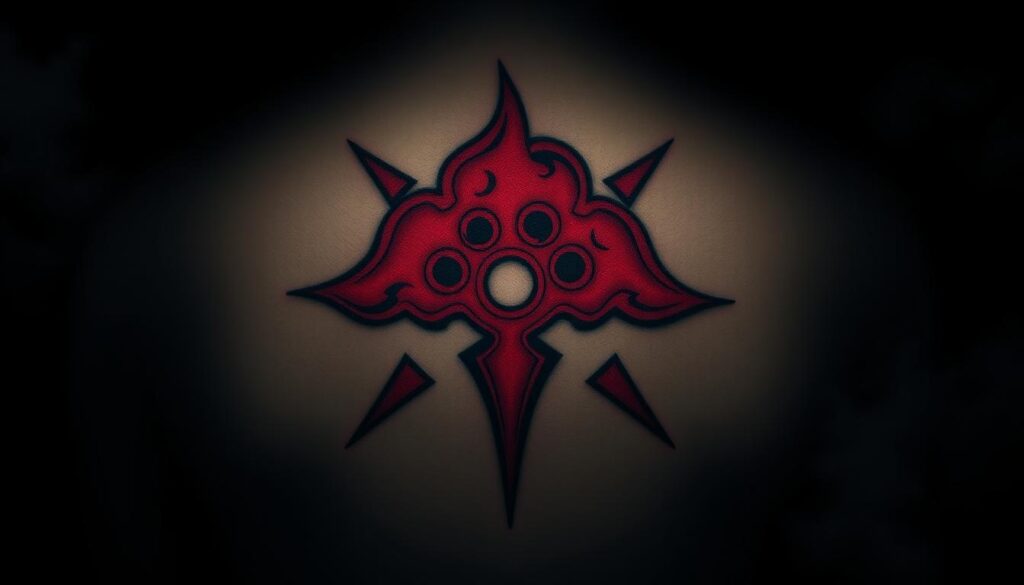 A dark, moody image of an Akatsuki cloud tattoo design. In the foreground, a detailed tattoo illustration of the iconic Akatsuki cloud symbol - a bold, jagged red cloud shape against a black background. The tattoo is rendered with intricate linework, realistic shading, and a sense of depth. In the middle ground, the tattoo is depicted on the skin, with a realistic texture and subtle highlights. The background is a shadowy, atmospheric scene, with a dramatic chiaroscuro lighting effect creating a sense of mystery and intensity. The overall mood is bold, brooding, and evocative of the Akatsuki organization from the Naruto universe.