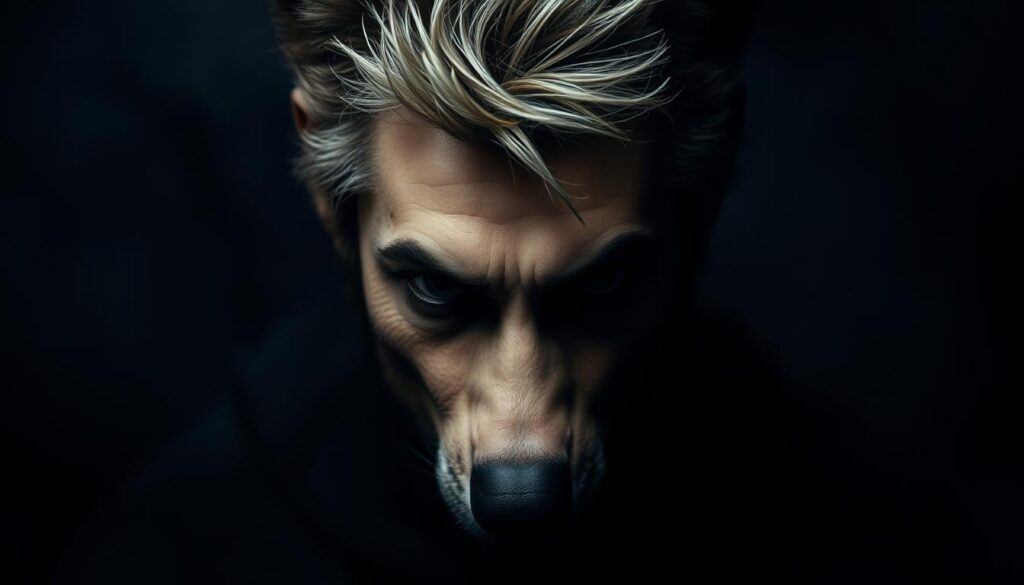 A dark, moody portrait of a wolf-like figure, its piercing gaze commanding attention. In the foreground, the subject's stylized, shaggy haircut frames their intense expression, capturing the essence of the "wolf cut" trend. The middle ground features a hazy, atmospheric backdrop, hinting at the cultural impact and widespread adoption of this edgy hairstyle. Soft, dramatic lighting casts dramatic shadows, adding depth and a sense of mystery to the scene. The overall composition conveys the allure and rebellious nature of the wolf cut, a hairstyle that has become a symbol of individuality and personal expression.