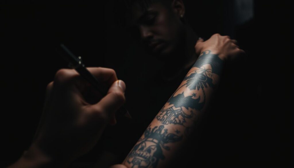 A dark, moody studio scene showcasing XXXTentacion's iconic tattoos. In the foreground, a hand slowly tracing the intricate inkwork on his arm, the skin a canvas of haunting imagery and personal symbolism. In the middle ground, the artist's pensive expression, eyes downcast, as if lost in the story behind each mark. The background shrouded in deep shadows, conveying the brooding intensity of his musical legacy. Dramatic chiaroscuro lighting casts sharp contrasts, emphasizing the profound significance of these tattoos as a reflection of his turbulent life and profound artistic vision.