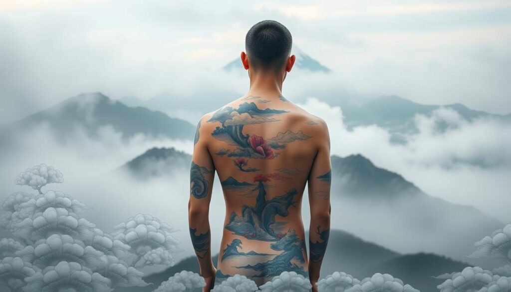 A delicate Japanese-inspired landscape featuring intricate cloud tattoo designs, set against a backdrop of a serene, mist-shrouded mountain range. The foreground showcases a variety of traditional cloud motifs, such as wispy cirrus formations, voluminous cumulus shapes, and ethereal, ink-like brushstrokes. The middle ground features the tattooed human form, with the cloud designs seamlessly integrated into the skin, creating a harmonious, almost supernatural effect. Soft, diffused lighting filters through the misty atmosphere, imbuing the scene with a sense of tranquility and timelessness. The overall composition evokes the calming aesthetics of Japanese art and the symbolic significance of clouds in Eastern philosophy.