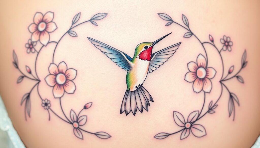 A delicate and feminine animal-themed tattoo design, featuring a graceful hummingbird in flight, its wings outstretched against a backdrop of intricate botanical elements. The hummingbird is rendered in a soft, watercolor-like style, its vibrant colors and ethereal movements contrasted by the detailed, nature-inspired patterns that frame it. The overall composition is balanced and harmonious, capturing the essence of a meaningful, personal tattoo that celebrates the beauty and symbolism of the natural world.