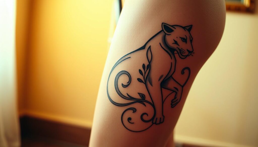 A delicate and feminine thigh tattoo design featuring intricate animal motifs. The foreground showcases a lithe, graceful creature - perhaps a jaguar, panther or lioness - its powerful muscles rippling beneath sleek, shimmering fur. The middle ground depicts swirling, organic patterns reminiscent of flowing water or ethereal flames, lending a mystical, enchanting quality. The background is softly blurred, allowing the bold, captivating tattoo design to take center stage. Warm, golden lighting casts a subtle glow, evoking a sense of sensuality and strength. The entire composition is captured from a low, close-up angle, emphasizing the sculptural, empowering nature of the thigh tattoo.