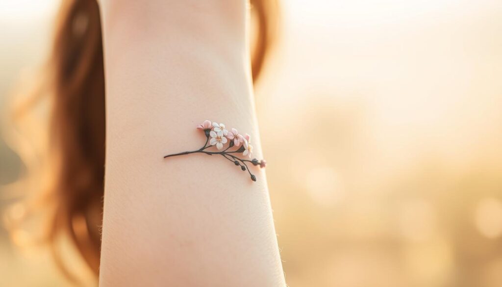 A delicate and whimsical floral tattoo design covering the forearm of a young woman, bathed in soft, natural lighting. The intricate linework and subtle shading create a feminine, elegant aesthetic. In the middle ground, a cluster of small, delicate flowers in shades of pink, lavender, and white intertwine gracefully. The background is hazy and out of focus, lending a sense of tranquility and daydream-like quality to the scene. The overall mood is one of subtle beauty, thoughtfulness, and a connection to nature.