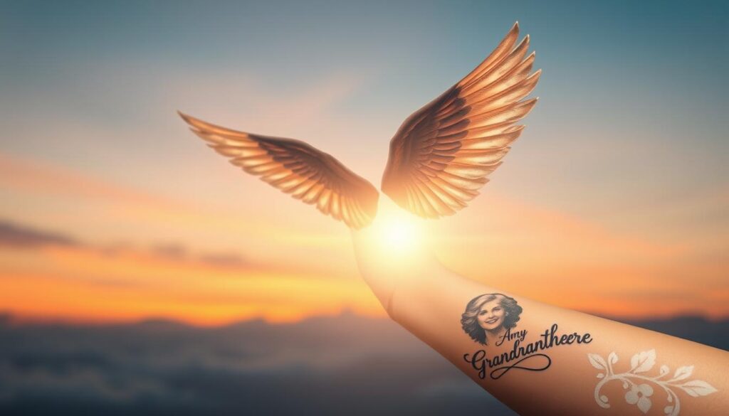 A delicate angel's wings spread majestically against a serene, twilight sky, casting a warm, ethereal glow upon a detailed, photorealistic tattoo of a cherished grandmother's face. The design is rendered with meticulous precision, every feather, every delicate line, and every subtle shading evoking a profound sense of reverence and remembrance. The tattoo is centered on the forearm, its placement symbolic of the wearer's unwavering devotion and the eternal bond they shared. Diffused lighting bathes the scene in a soft, nostalgic ambiance, evoking a deep, emotional response from the viewer. This heartfelt memorial captures the essence of a life well-lived, a tribute to a beloved grandmother whose memory lives on, forever etched upon the skin.