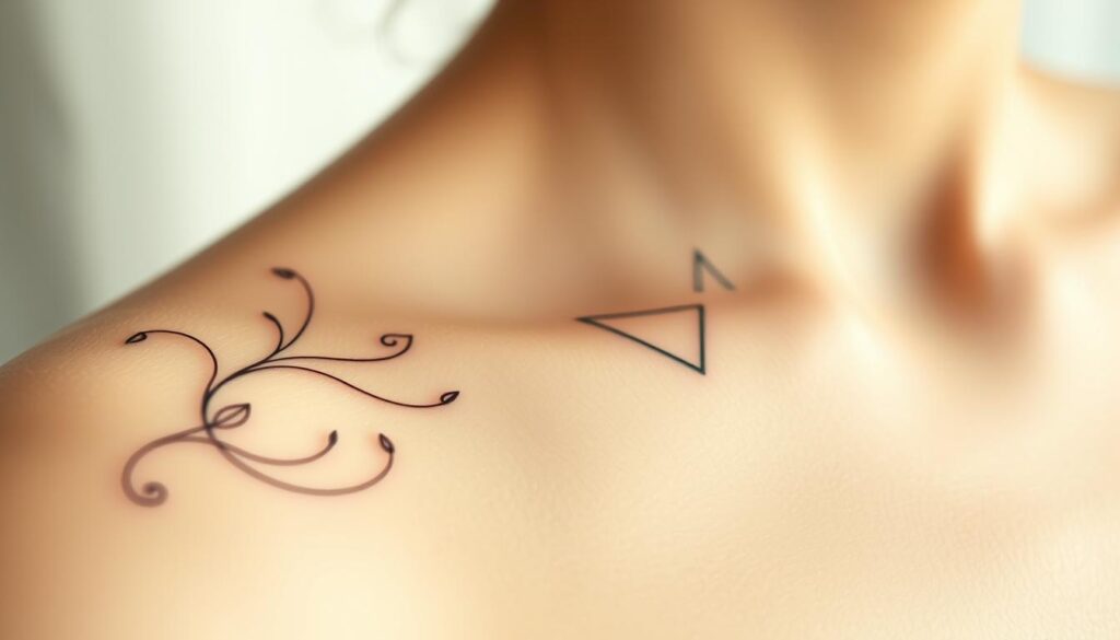 A delicate arrangement of intricate, minimalist tattoo designs showcased on a serene, softly-lit skin canvas. The foreground features a graceful, flowing floral motif with intertwining stems and petals, complemented by geometric line patterns in the middle ground. The background subtly blends neutral tones and hues, creating a tranquil, elegant atmosphere that highlights the inherent artistry and beauty of the tattoos. Captured through a close-up lens with a shallow depth of field, emphasizing the intimate, personal nature of these aesthetic body adornments.