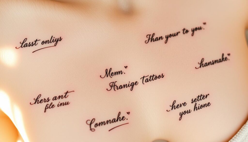 A delicate arrangement of personalized handwritten tattoos on a soft, pale skin canvas. The elegant calligraphic strokes flow gracefully, conveying deeply personal messages or beloved quotes. Warm, natural lighting casts a gentle glow, highlighting the organic textures and subtle variations in each unique design. The compositions are meticulously balanced, with the tattoos positioned thoughtfully to accentuate the natural contours of the body. An air of intimacy and individuality permeates the scene, inviting the viewer to appreciate the deeply meaningful and heartfelt nature of these customized ink expressions.