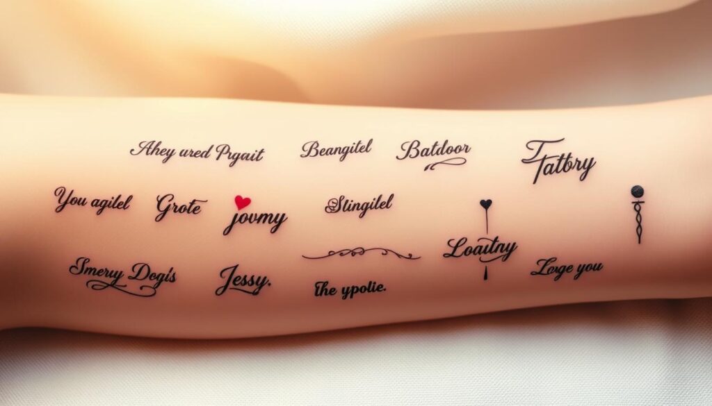 A delicate arrangement of small, intricate tattoos featuring carefully crafted words and meaningful quotes. The tattoos are displayed against a soft, warm-toned background, with a gentle, diffused lighting creating a serene, intimate atmosphere. The tattoo designs are diverse, ranging from simple, elegant script to more ornate, stylized typography, each reflecting a unique personal story or sentiment. The overall composition highlights the beauty and artistry of these minimalist, yet impactful, body art pieces, perfectly capturing the essence of the "Word and Quote Small Tattoos" section.
