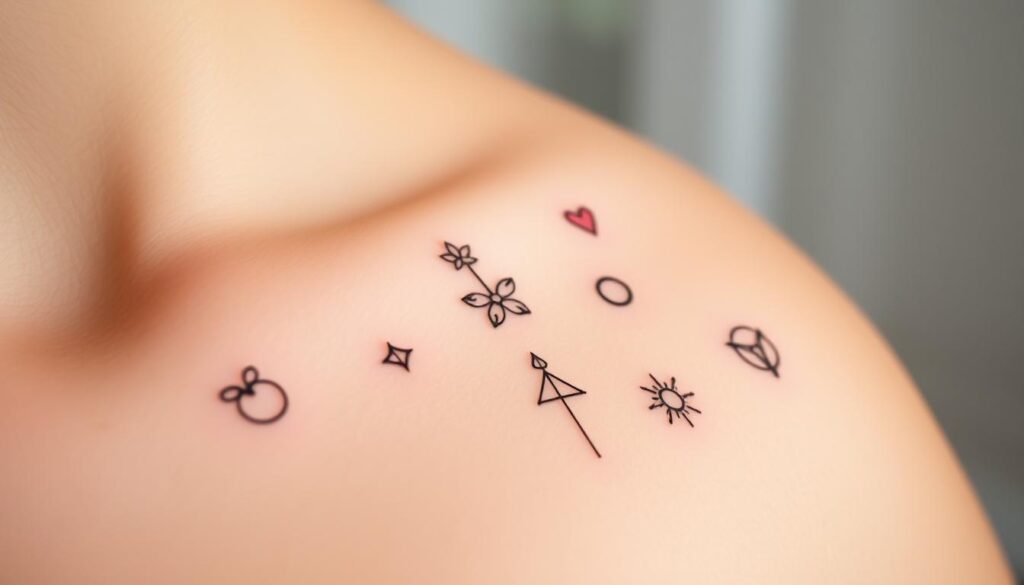 A delicate arrangement of small, unique tattoo designs for women. Intricate line-work and minimalist imagery, like dainty flowers, celestial elements, and symbolic shapes, adorn the foreground. The tattoos are placed tastefully along the skin, enhancing the natural curves of the body. The lighting is soft and diffused, creating a serene, intimate atmosphere. The background is blurred, keeping the focus on the elegant, personalized body art. Captured with a shallow depth of field to highlight the tactile, intimate nature of these meaningful, expressive small tattoos.