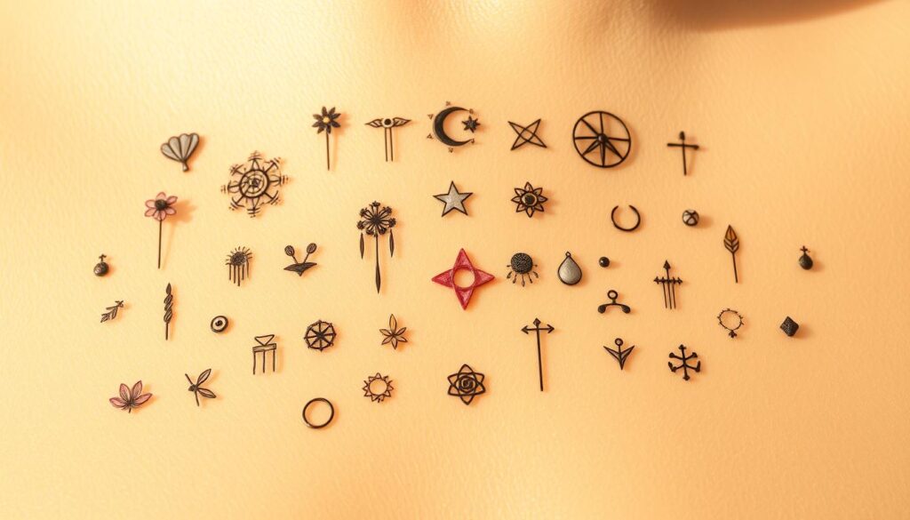 A delicate arrangement of stylized miniature tattoos, showcasing the intricate beauty and versatility of tiny designs. The foreground features a soft focus on an array of dainty symbols, including minimalist floral motifs, celestial elements, and abstract patterns. The middle ground presents a cohesive composition, with the tattoos artfully displayed against a subtly textured, neutral background. Warm, natural lighting casts a gentle glow, highlighting the fine lines and intricate details of the tattoos. The overall mood is one of understated elegance, inviting the viewer to appreciate the charm and allure of these small, yet meaningful, body art pieces.