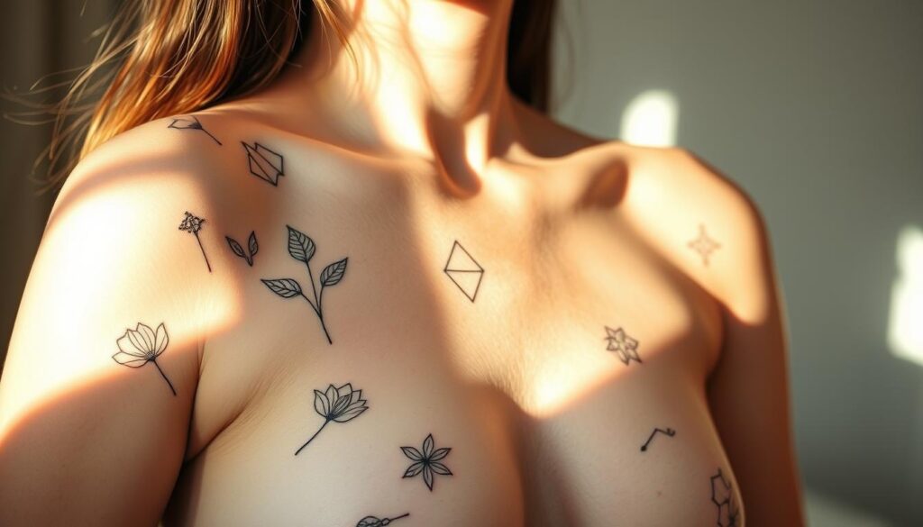 A delicate arrangement of symbolic tattoos scattered across a female figure, bathed in soft, natural lighting. In the foreground, intricate line-work depicts elegant botanical motifs, each petal and leaf carrying deeper meaning. The middle ground showcases minimalist geometric shapes, their sharp angles contrasting with the organic curves. In the background, a subtle pattern of celestial symbols - stars, moons, and constellations - suggests a connection to the cosmos. The pose is relaxed, the skin glowing, conveying a sense of quiet contemplation and personal significance. The overall mood is one of quiet beauty, personal expression, and the power of symbolic markings.