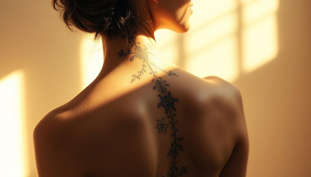 A delicate array of intricate spine tattoo patterns, illuminated by soft, warm lighting that casts gentle shadows, creating a feminine and alluring atmosphere. The design features a harmonious blend of floral motifs, delicate line work, and subtle geometric elements, seamlessly flowing along the curves of the spine. The tattoo is captured from a side angle, showcasing the graceful, elongated silhouette of the subject's back. The overall composition exudes a sense of elegance, sensuality, and personal expression, perfectly capturing the essence of "Baddie Women's Feminine Spine Tattoos: Designs & Ideas" and the "Inspiration from Popular Patterns and Motifs" section.